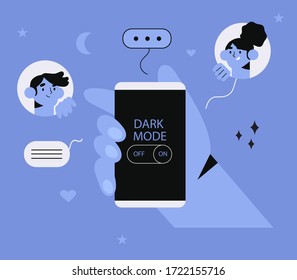 Hand Hold Smartphone With Dark Or Night Mode Or Theme On. People Chatting Or Working At Night With Light-on-dark Color Scheme Extension For Website, Application And Social Media Network. Trendy Banner