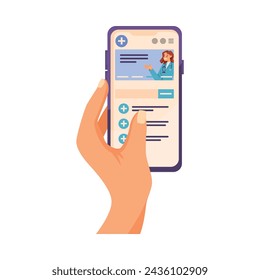 Dispositivo de teléfono inteligente de sujeción manual Conecte con la ilustración vectorial del hospital