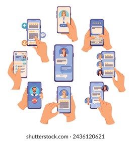 Dispositivo de teléfono inteligente de sujeción manual Conecte con el conjunto de ilustración vectorial del hospital