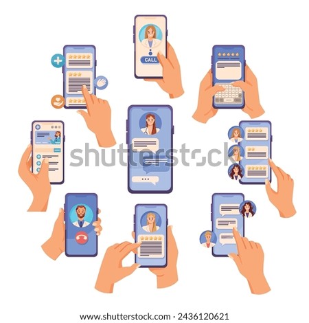 Hand Hold Smartphone Device Connect with Hospital Vector Illustration Set
