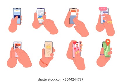 Hand hold smartphone. Different phone apps, people using mobile application. Contactless pay, social media and online dating utter vector set