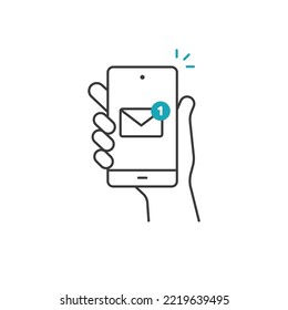 Hand hold smartphone, email send, new message notification line icon. Phone message outline icon. Isolated vector illustration.