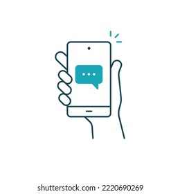 Mano retener smartphone, envío de correo electrónico, nuevo icono de la línea de notificación de mensajes. Icono de esquema de mensaje de teléfono. Ilustración vectorial aislada.