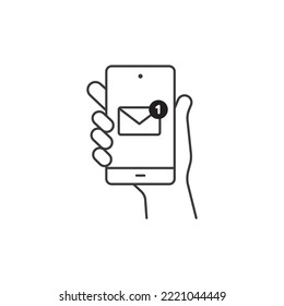 Mano retener smartphone, envío de correo electrónico, nuevo icono de la línea de notificación de mensajes. Icono de esquema de mensaje de teléfono. Ilustración vectorial aislada.