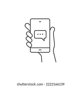 Hand hold smartphone, email send, new message notification line icon. Phone message outline icon. Isolated vector illustration.