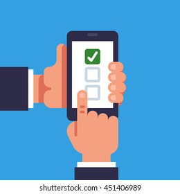 Hand hold smartphone. Finger touch screen. Checkboxes and checkmark. Choosing concept. Vector flat illustration on blue background