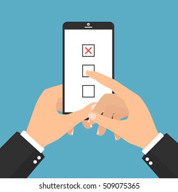 Hand hold smartphone with finger touch checkboxes on smartphone screen concept for web banners. Creative flat design vector illustration.
