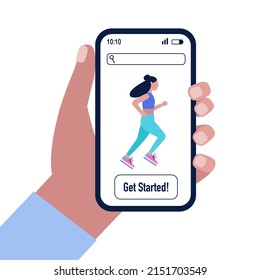 Hand Hold Smartphone With Fitness App. Fitness Landing Page Template. Vector Illustration In A Flat Style