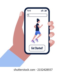 Hand Hold Smartphone With Fitness App. Fitness Landing Page Template. Vector Illustration In A Flat Style