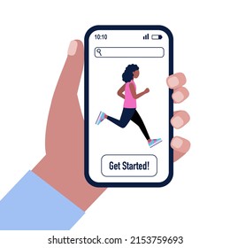 Hand Hold Smartphone With Fitness App. Fitness Landing Page Template. Vector Illustration In A Flat Style