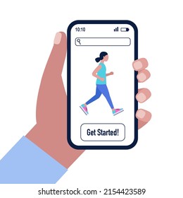 Hand Hold Smartphone With Fitness App. Fitness Landing Page Template. Vector Illustration In A Flat Style