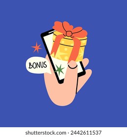 Hand hold smartphone with gift box. Bonus sale and discount in online shopping. Mobile phone screen with presents and packaging. Marketing promotion vector cartoon flat style isolated illustration