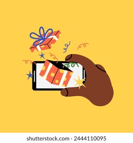 Hand hold smartphone with gift box. Bonus sale and discount in online shopping. Mobile phone screen with presents and packaging. Marketing promotion vector cartoon flat style isolated illustration