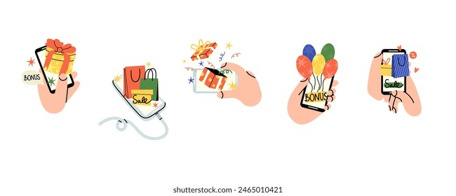 Hand halten Smartphone mit Geschenkbox. Bonusverkauf und Rabatt im Online-Shopping. Handybildschirm mit Geschenken und Verpackung. Marketingförderung Vektorgrafik Cartoon flache isolierte Illustrationssatz