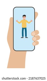 Hand hold smartphone with happy cartoon person thumbs up icon isolated on white background