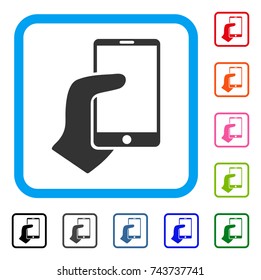 Hand Hold Smartphone icon. Flat gray pictogram symbol inside a blue rounded square. Black, gray, green, blue, red, orange color versions of Hand Hold Smartphone vector.