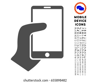 Hand Hold Smartphone icon with mobile communicator icon clipart. Vector illustration style is a flat iconic symbol, gray colors. Designed for web and software interfaces.