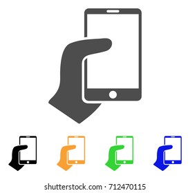 Hand Hold Smartphone icon. Vector illustration style is a flat iconic hand hold smartphone symbol with black, grey, green, blue, yellow color variants. Designed for web and software interfaces.