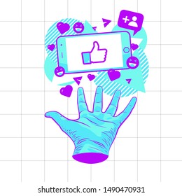 Hand hold smartphone, like & subscribe sosial media