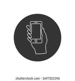 Hand hold the smartphone line icon. Vector