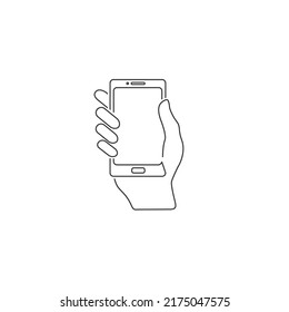 Hand hold the smartphone line icon. Vector flat sign
