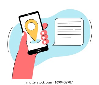 Halten Sie das Smartphone mit dem Ortssymbol auf dem Bildschirm bereit. Mobile Navigation, GPS, Routenkonzept.
