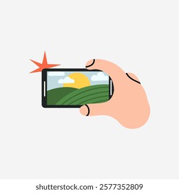 Hand hold smartphone. Make landscape photo on device, modern creative technologies. Marketing advertisement. Vector cartoon flat style isolated trendy illustration