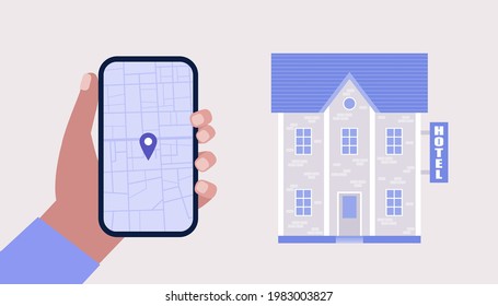 Mano sujete el smartphone con la aplicación de navegación. Búsqueda en el hotel. Ilustración de vector plana colorida