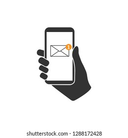 Hand hold smartphone, new message Icon. Flat design. Vector illustration.
