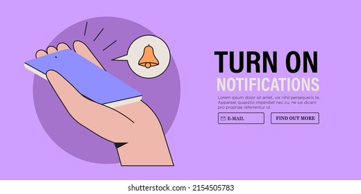 Hand hold smartphone with notification or alarm clock sign vector illustration. Subscription to news, sales, discounts and new releases. Creative web or social media banner, ui, website advertisement.