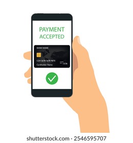 Mantenga el teléfono inteligente con el mensaje de notificación en el pago de la pantalla aceptado, aprobado.  Banca en línea, encriptación de transacciones y conexión segura. Ilustración vectorial