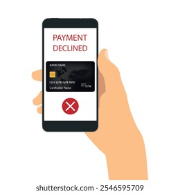 Handgreep smartphone met notificatiebericht op scherm betaling geweigerd, mislukt.  Online bankieren, transacties versleutelen en een beveiligde verbinding. Vectorillustratie