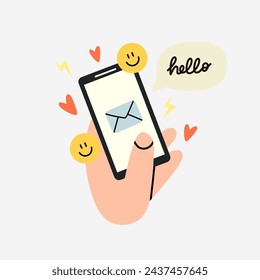 Hand hold smartphone. Online communication, letter mail, social media. Chatting application. Device screen with envelope. Hearts and smile emoji. Gadget cartoon flat style isolated vector illustration