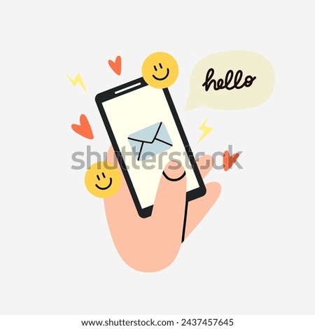 Hand hold smartphone. Online communication, letter mail, social media. Chatting application. Device screen with envelope. Hearts and smile emoji. Gadget cartoon flat style isolated vector illustration