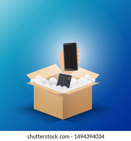 Hand hold smartphone up from the opening box. Creative and idea concept. Vector illustration