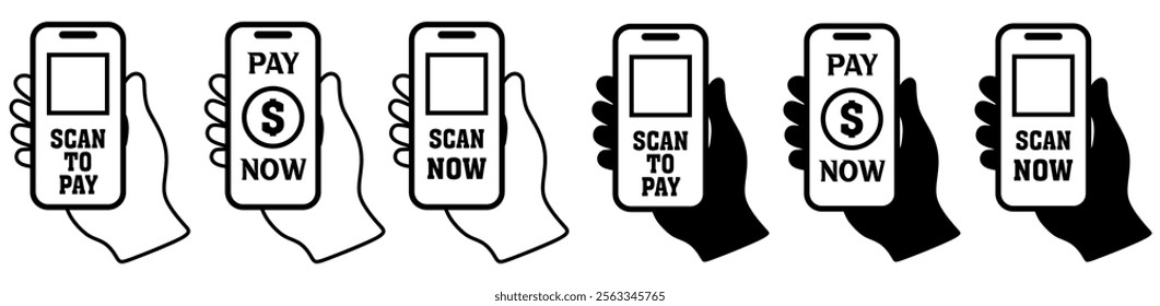 Hand hold smartphone for payment by scanning QR code. line icon of pay now and scan to pay with mobile phone payment. web. mobile app. promo. Vector illustration