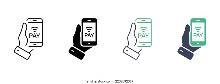 Hand Hold Smartphone for Payment Money Line and Silhouette Icon Set. Banking Service in Cellphone Pictogram. Contactless Pay Technology in Mobile Phone Symbol Collection. Isolated Vector Illustration.