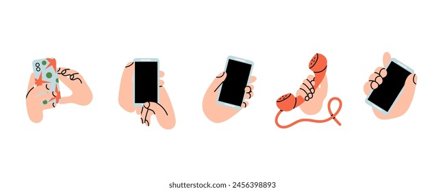 Hand hold smartphone. Phone blank empty touch screen. Arms holding telephones. Mobile photo camera. Send message online. Devices in fingers, cartoon flat style isolated vector gadget illustration set