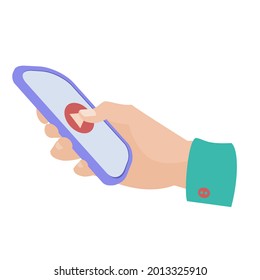 Hand hold smartphone with play icon Flat vector icon illustration on white background