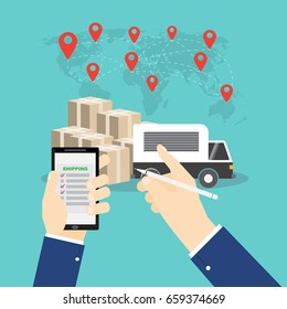 Hand hold smart-phone and point truck and box Logistics and transportation on world map background