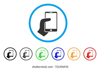 Hand Hold Smartphone rounded icon. Style is a flat hand hold smartphone grey symbol inside light blue circle with black, gray, green, blue, red, orange color versions.
