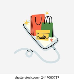 Hand hold smartphone with sale shopping bags. Bonus sale and discount in online shopping. Mobile phone screen with packaging. Marketing promotion vector cartoon flat style isolated illustration