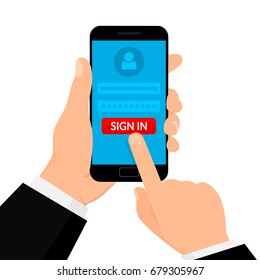 Hand Hold Smartphone. Sign in Page on Smartphone Screen. Mobile account concept. Vector illustration. Flat style.