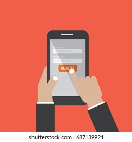 Hand Hold Smartphone Sign In Page On Smartphone Screen Vector Illustration
