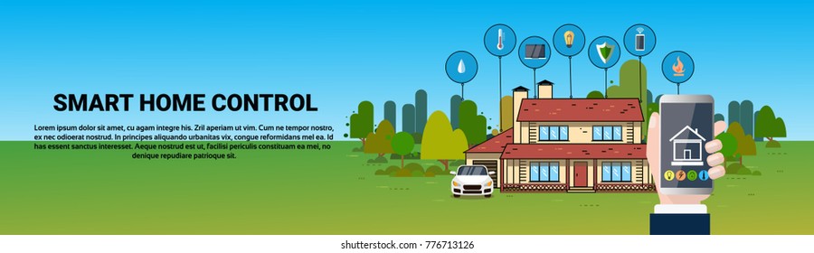 Hand Hold Smartphone With Smart Home Control System Application, Modern House Automation Technology Horizontal Banner Vector Illustration