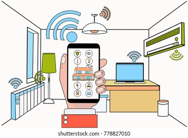Hand Hold Smartphone With Smart Home Control System Application Over Modern House Interior Background Vector Illustration