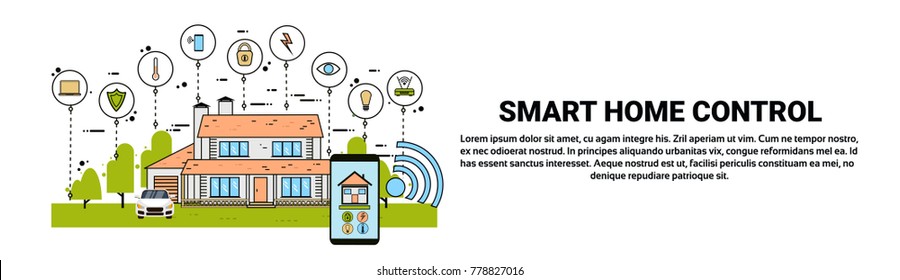 Hand Hold Smartphone With Smart Home Control System Application, Modern House Technology Of Automation Concept Horizontal Banner Vector Illustration