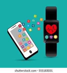 hand hold smartphone smart watch healthcare app vector illustration eps 10