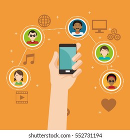 hand hold smartphone social media group connection
