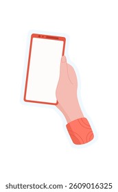 Hand hold smartphone sticker. User gesture with mobile device. Communication concept with flat template, suitable for application usage. Visual representation of digital interaction and technology.